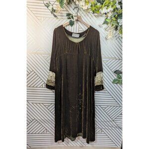 DINAH LEE Stunning Art to Wear Vintage Velvet Green Dress Embroidery Long Sleeve